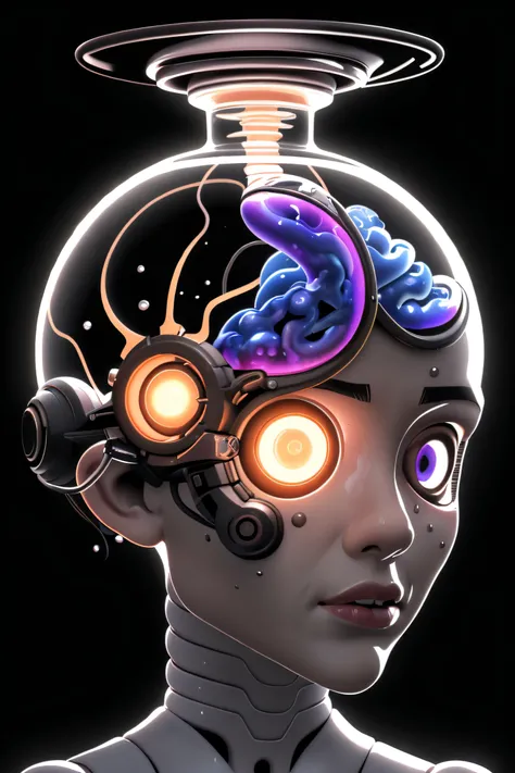 2d illustration of a subhumanoid meltdown, transparent cranium with pearlescent brain, ultra detailed, realistic textures, dark scifi aquatic lighting, deep shadows, (masterpiece:1.1), dark surreal pop art wallpaper, Experimental Fusion Reactor Zone abstract