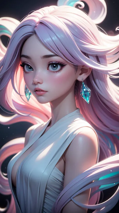 Abstract style hauntingly ethereal portrait of a mysterious figure draped in translucent fabric, crystals adorning their hair, amidst a dreamlike swirl of pastel hues and soft light, evoking a sense of calm serenity and elusive beauty, high detail, award winning masterpiece with incredible details . Non-representational, colors and shapes, expression of feelings, imaginative, highly detailed