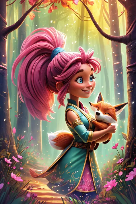 J_huiben, wide angle, beautiful woman walking through a mystical magical forest, talking to a mystical fox, spring, age 21, blue eyes, pink ponytail hair, cute smile, masterpiece, 4k, hdr, trending on artstation, extremely detailed, <lora:detail_slider_v4:1.5>, <lora:J_huiben:0.7>
