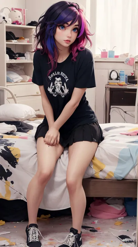 realistic, <lora:EMOscene:0.8>, beautiful girl in messy bedroom, full body, poofy hair, (realistic face, perfect eyes, perfect face:1.1), colourful hair,