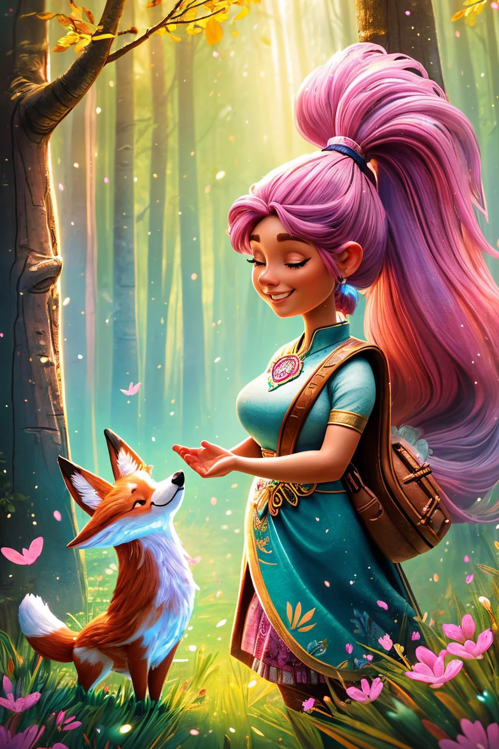 J_huiben, wide angle, beautiful woman walking through a mystical magical forest, talking to a mystical fox, spring, age 21, blue eyes, pink ponytail hair, cute smile, masterpiece, 4k, hdr, trending on artstation, extremely detailed, <lora:detail_slider_v4:1.5>, <lora:J_huiben:0.7>