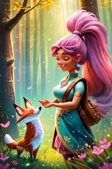 J_huiben, wide angle, beautiful woman walking through a mystical magical forest, talking to a mystical fox, spring, age 21, blue eyes, pink ponytail hair, cute smile, masterpiece, 4k, hdr, trending on artstation, extremely detailed, <lora:detail_slider_v4:1.5>, <lora:J_huiben:0.7>
