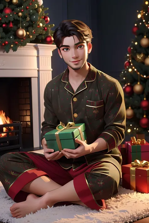 christmas morning, 1boy, mature, pajamas, solo male, stubble, smiling, happy, holding gift, box, wrapping, package, present, tree, warm, vibrant colors, joy, sitting on floor, (red, green, gold) colors, fireplace,, (best quality, masterpiece, perfect face, beautiful and aesthetic:1.2, dynamic angle, highest detailed face, detailed eyes)