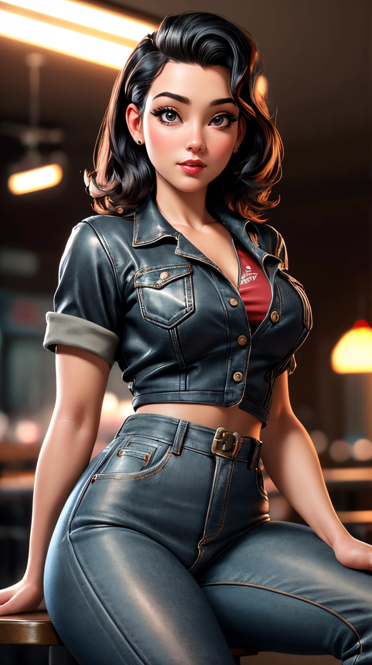 photorealistic, (4k), (Masterpiece), (realistic skin texture), extremely detailed, intricate, hyper detailed, high resolution, sharp detail, best quality, woman, pinup \(style\), black hair, 40s movie inspired, pinup girl, jean jacket, rockabilly, pinup pose, black leather pants, (front tied shirt), retro diner, red shirt, sitting, kkw-ph1, <lora:LORA-XenoDetailer-v2:1>