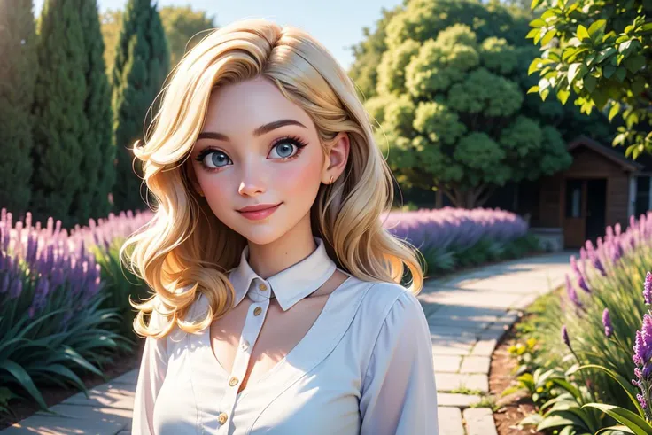 Masterpiece, best quality, 4k, portrait style, natural sunlight, depth of field, smiling young adult female, medium blond wavy hair, light makeup, wearing a light ivory blouse, outdoors, garden background with pathway and lavender, clear blue sky, detailed character, vibrant colors.
