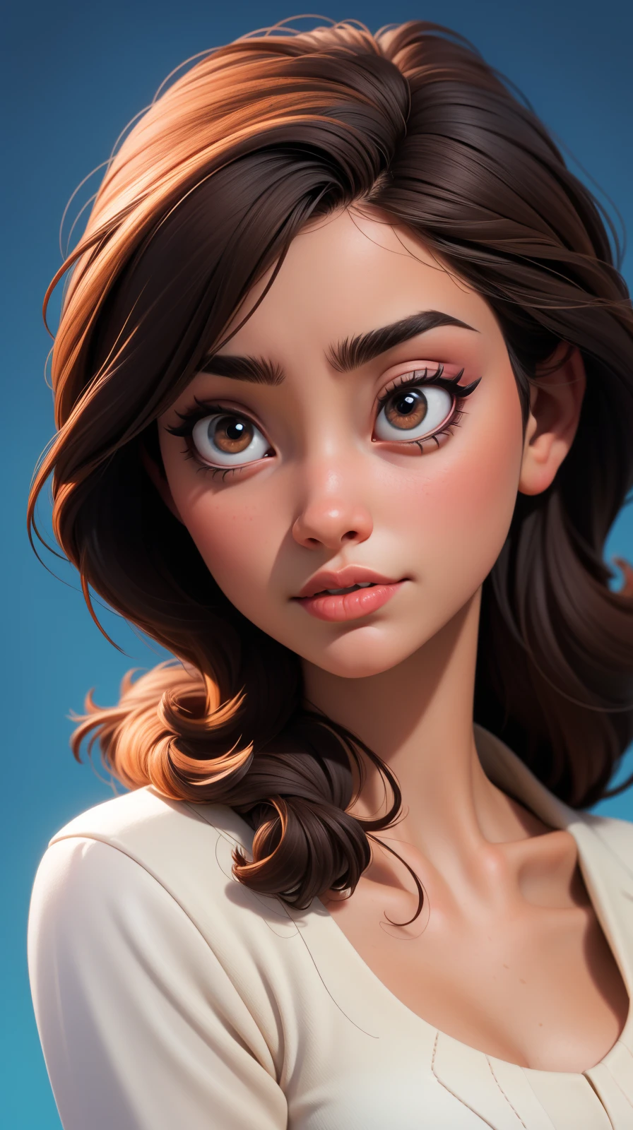 1girl, <lora:twilek:1>, solo, looking at viewer, blue background, brown hair, simple background, closed mouth, kkw-ph1, <lora:p3r3zstyle:0.6>