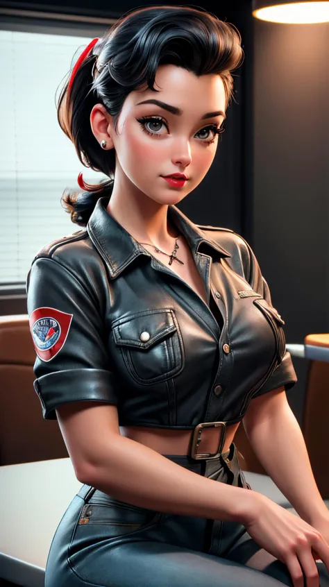 photorealistic, (4k), (Masterpiece), (realistic skin texture), extremely detailed, intricate, hyper detailed, high resolution, sharp detail, best quality, woman, pinup \(style\), black hair, 40s inspired, pinup girl, jean jacket, rockabilly, , pinup pose, black leather pants, (front tied shirt), retro diner, red shirt, sitting, kkw-ph1, <lora:LORA-XenoDetailer-v2:1>