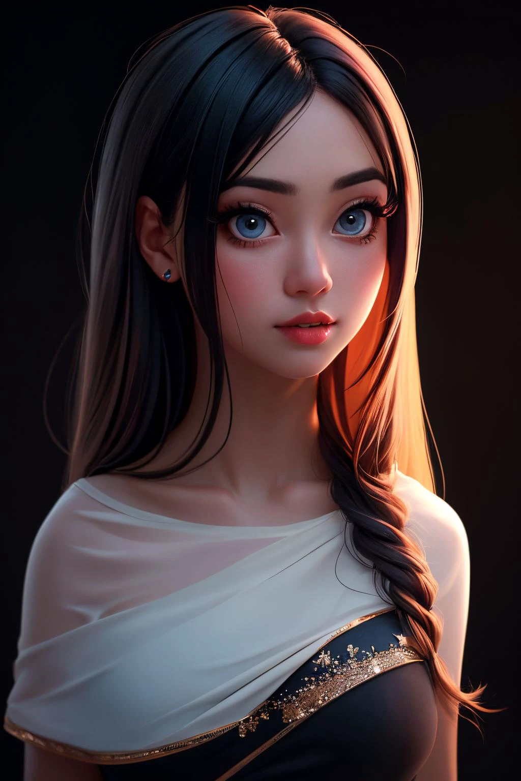 best quality, extra resolution, full body portrait of AIDA_dataran (wearing settima outfit:1.3) <lora:settima:0.6>, big eyes with elegant eyelashes, pretty face, naughty, playful, cinematic, studio photo, kkw-ph1, (dark theme:1.1) <lora:LowRA:0.1>, <lora:tangbohu-detailer_1.0:1>, (black background:1.3), starry sky, by AIDA_NH_humans, in style of AIDA_NH_humans <lora:AIDA_NH_humans:0.2>
