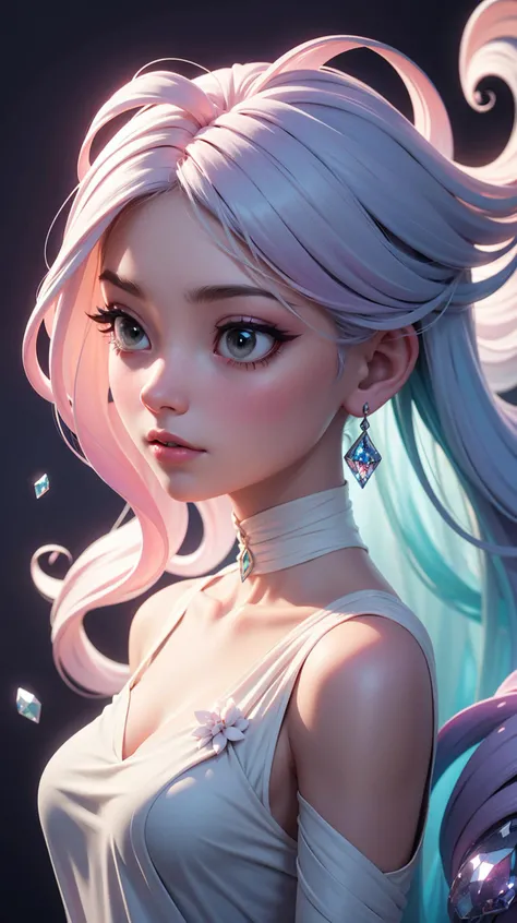Abstract style hauntingly ethereal portrait of a mysterious figure draped in translucent fabric, crystals adorning their hair, amidst a dreamlike swirl of pastel hues and soft light, evoking a sense of calm serenity and elusive beauty, high detail, award winning masterpiece with incredible details . Non-representational, colors and shapes, expression of feelings, imaginative, highly detailed