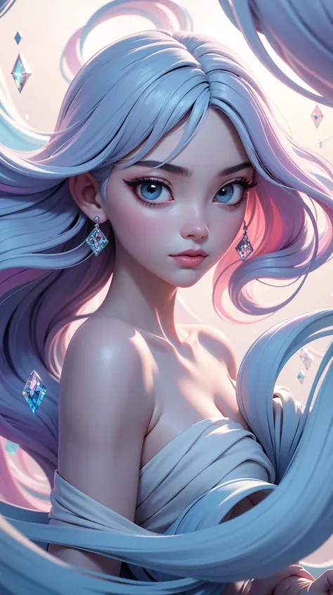 Abstract style hauntingly ethereal portrait of a mysterious figure draped in translucent fabric, crystals adorning their hair, amidst a dreamlike swirl of pastel hues and soft light, evoking a sense of calm serenity and elusive beauty, high detail, award winning masterpiece with incredible details . Non-representational, colors and shapes, expression of feelings, imaginative, highly detailed