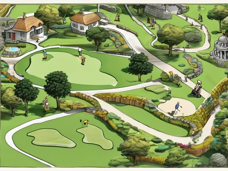 <lora:MapDraw:1> mapdraw, stones, trees, cobblestone road, calf cart, golfer, golf ball, gold coarse, group of people, putting greens