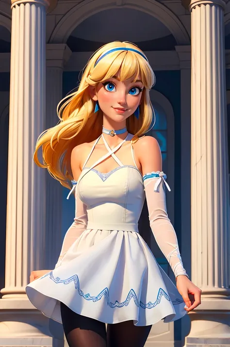 ultra detailed, masterpiece, best quality, solo, cowboy shot, facing viewer, white and blue theme, column lineup, marble \(stone\), soft smile, light smile,
1girl, blue eyes, very long hair, blonde hair, long blonde hair, french braid, bangs, medium breasts,
hair ribbon, frilled choker, criss-cross halter, sleeveless dress, high-waist skirt, backless dress, waist bow, detached sleeves, frilled sleeves, wide sleeves, pantyhose, patterned legwear, mary janes, (white dress:1.3),