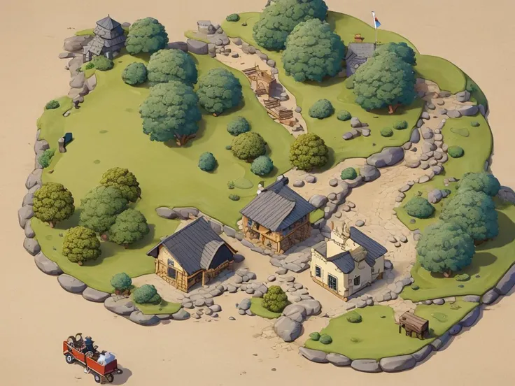<lora:MapDraw:1> mapdraw, stones, trees, cobblestone road, calf cart, golfer, golf ball