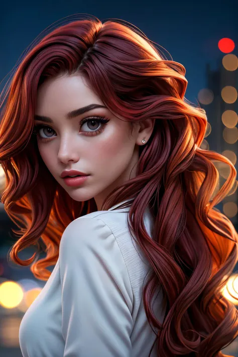 <lora:Sexy-Venezuelan:1> red wavy hair, black eyes, full lips, solo, looking at viewer, city background, blurred background, bokeh, deep of field, kkw-ph1, <lora:LORA-XenoDetailer-v3A:1>