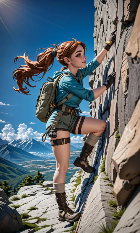 mountain cliff side, sheer rock wall, rock climbing on a mountain-side, cartoon style,
BREAK
thick wool socks, hiking boots, scaling a rock wall,
high ponytail hair, long wavy auburn hair, headband,
fingerless gloves, jacket, khaki shorts,
athletic body, remarkable image,
animation character, rope, holding onto rope, attached climbing rope,
climbing harness, backpack, carabiner,
BREAK
action shot, analog style, timeless style, lomo style,
remarkable color, shot with cinematic camera, masterpiece, best quality, absurdres, beautiful, aesthetic, detailed, high detail, best quality, rim lighting, volumetric lighting, shallow depth of field, vignette, highly detailed, high budget, bokeh, cinemascope, epic, gorgeous, vibrant, remarkable colors, colorful,
cartoon style,