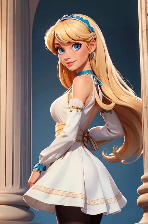 ultra detailed, masterpiece, best quality, solo, cowboy shot, facing viewer, white and blue theme, column lineup, marble \(stone\), soft smile, light smile,
1girl, blue eyes, very long hair, blonde hair, long blonde hair, french braid, bangs, medium breasts,
hair ribbon, frilled choker, criss-cross halter, sleeveless dress, high-waist skirt, backless dress, waist bow, detached sleeves, frilled sleeves, wide sleeves, pantyhose, patterned legwear, mary janes, (white dress:1.3),