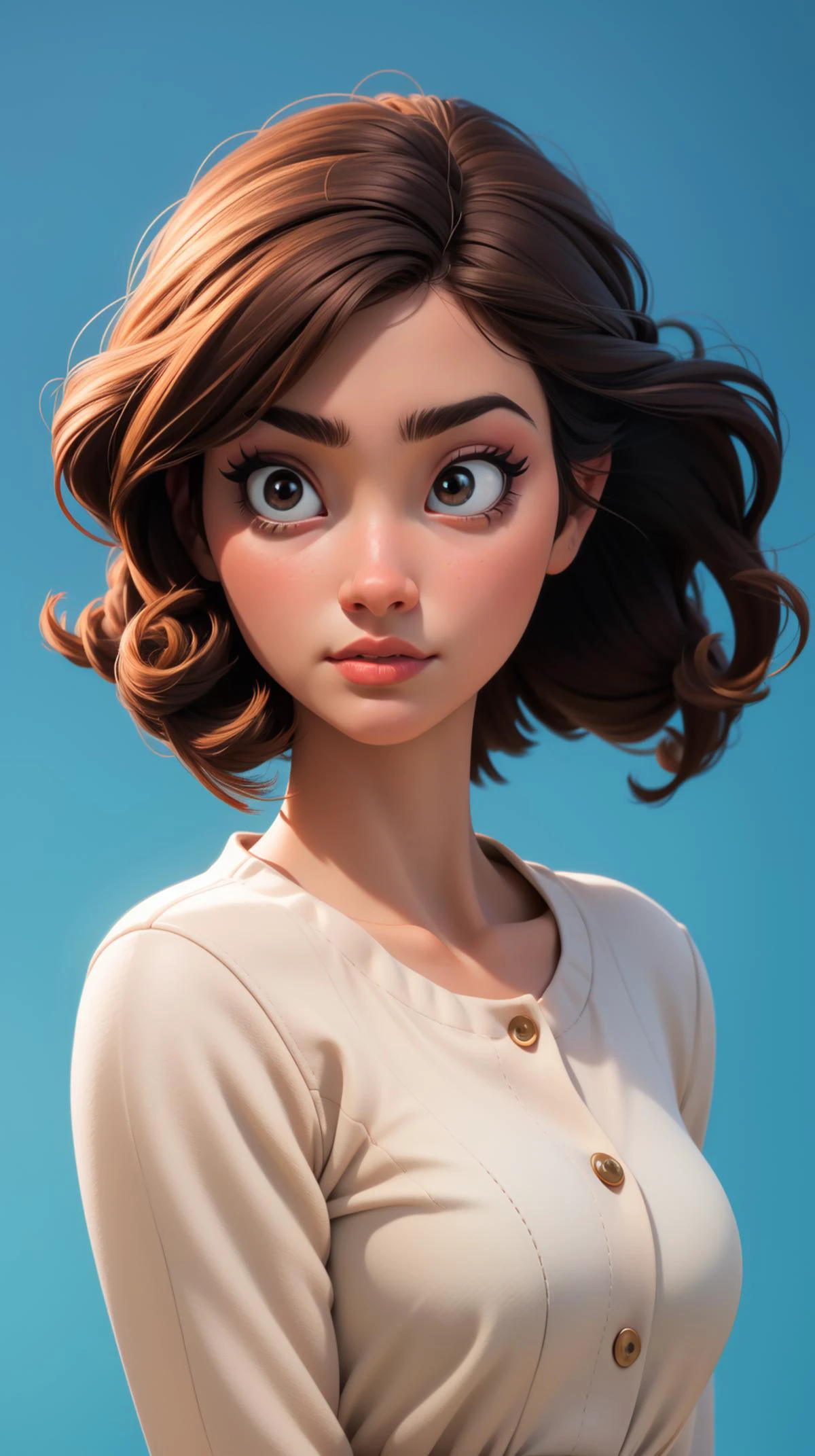 1girl, <lora:twilek:1>, solo, looking at viewer, blue background, brown hair, simple background, closed mouth, kkw-ph1, <lora:p3r3zstyle:0.6>