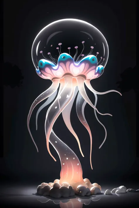 2d illustration of a jellyfish alien creature , transparent cranium with pearlescent brain, ultra detailed, realistic textures, dark scifi aquatic lighting, deep shadows, (masterpiece:1.1), dark surreal pop art wallpaper, Isolated Research Bases abstract