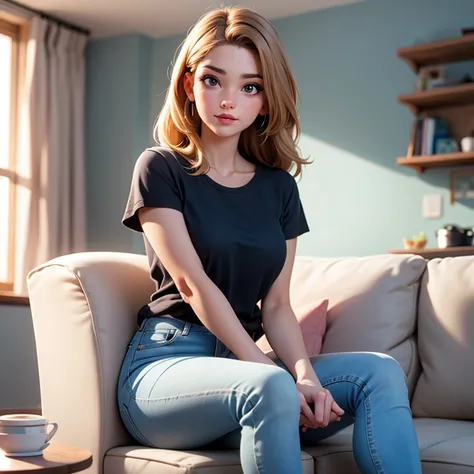 Masterpiece, best quality, 4k, casual style, natural lighting, depth of field, young adult female, sitting on a beige sofa, wearing a black t-shirt, light blue jeans, white sneakers, modern kitchen background, indoor setting, relaxed pose, detailed character, detailed environment.