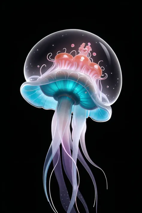 photo of a jellyfish alien creature, transparent cranium with pearlescent brain, ultra detailed, realistic textures, dark scifi aquatic lighting, deep shadows, (masterpiece:1.1), dark surreal pop art wallpaper,