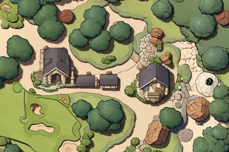 <lora:MapDraw:1> mapdraw, stones, trees, cobblestone road, calf cart, golfer, golf ball