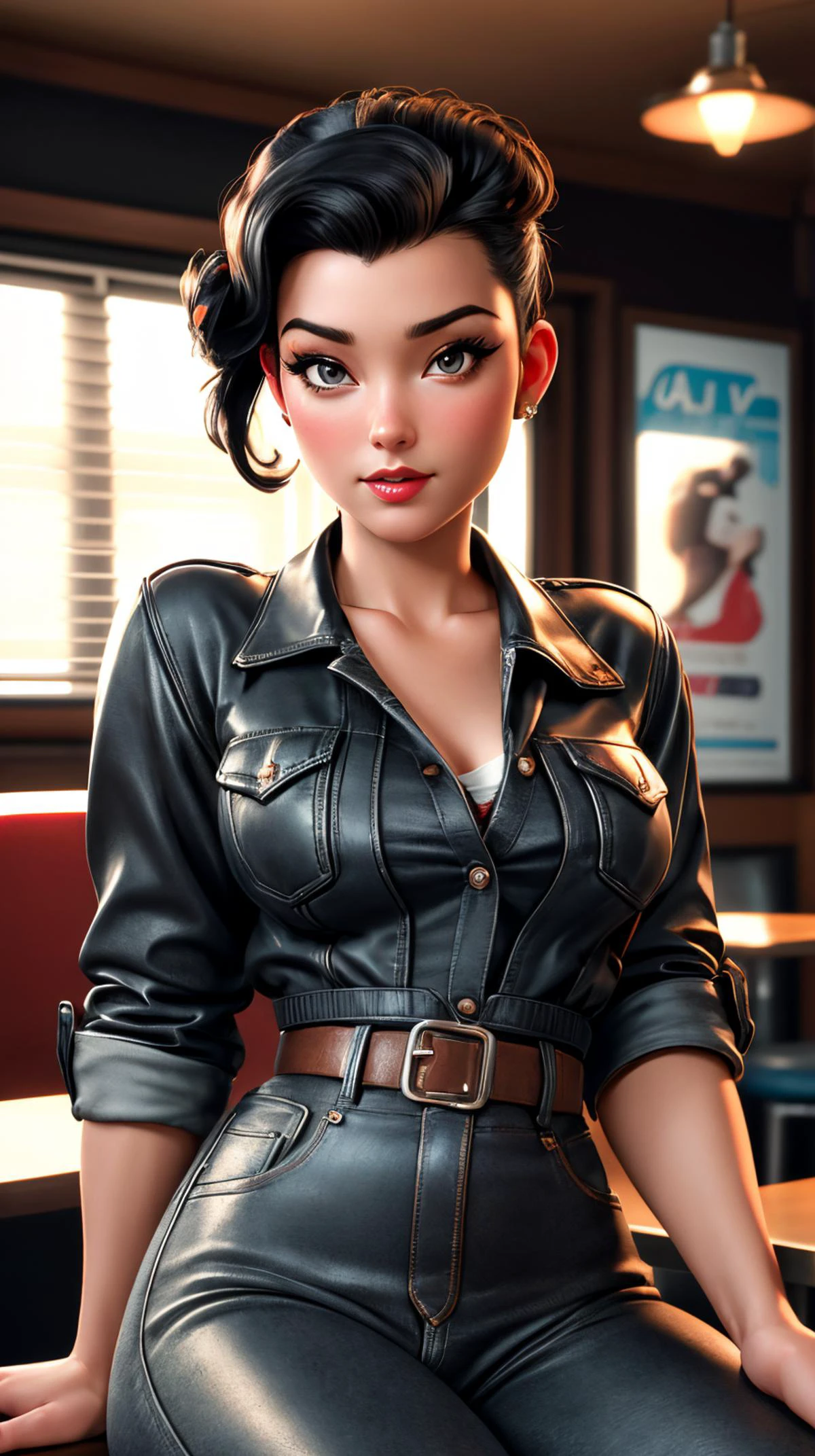 photorealistic, (4k), (Masterpiece), (realistic skin texture), extremely detailed, intricate, hyper detailed, high resolution, sharp detail, best quality, woman, pinup \(style\), black hair, 40s movie inspired, pinup girl, jean jacket, rockabilly, pinup pose, black leather pants, (front tied shirt), retro diner, red shirt, sitting, kkw-ph1, <lora:LORA-XenoDetailer-v2:1>
