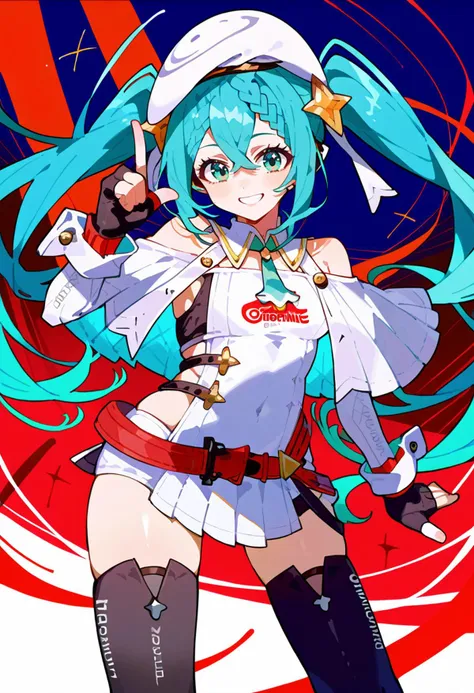 solo, score_9, score_7_up, source_anime, BREAK smile, finger gun, <lora:vocaloid_racingmiku2023_ponyXL:1> racingmiku2023, aqua hair, aqua eyes, twintails, braid, star hair ornament, white headwear, beret, white capelet, white dress, clothing cutout, long sleeves, red belt, black gloves, fingerless gloves, black thighhighs, bare shoulders,