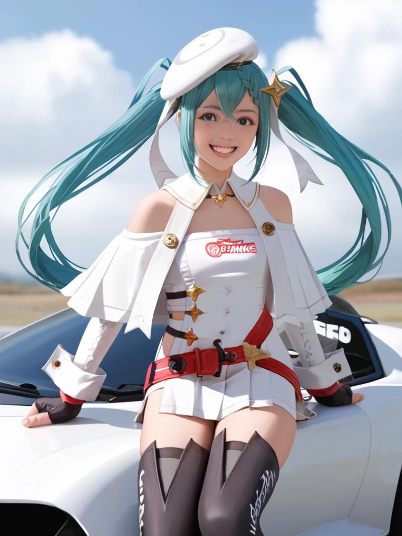 score_9, score_8_up, score_7_up, source_anime,
solo, 1girl, racingmiku2023, grin, looking at viewer, v, twintails, braid, star hair ornament, white headwear, beret, white capelet, white dress, clothing cutout, long sleeves, red belt, black gloves, fingerless gloves, black thighhighs, bare shoulders, blue sky, cloud , sitting racing car,
<lora:vocaloid_racingmiku2023_ponyXL:1> <lora:Pony_DetailV2.0:0.75>