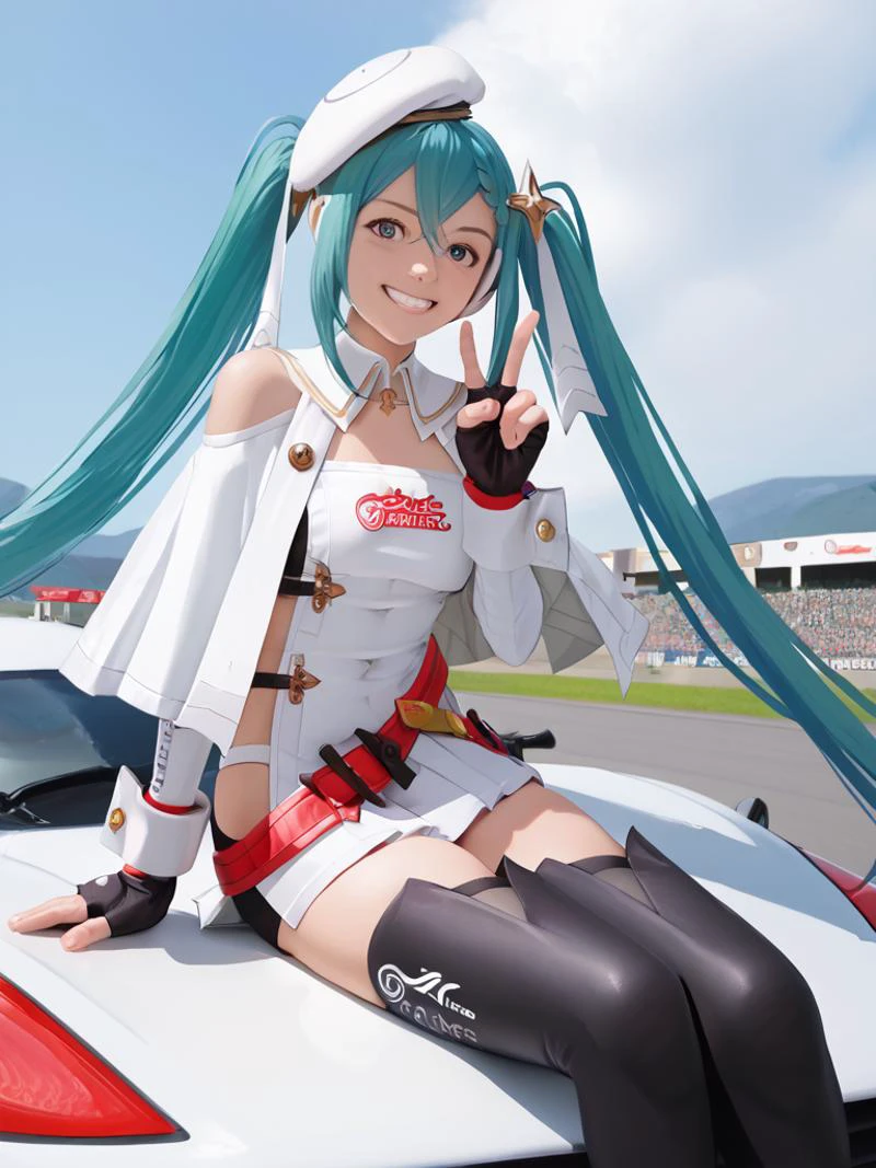 score_9, score_8_up, score_7_up, source_anime,
solo, 1girl, racingmiku2023, grin, looking at viewer, v, twintails, braid, star hair ornament, white headwear, beret, white capelet, white dress, clothing cutout, long sleeves, red belt, black gloves, fingerless gloves, black thighhighs, bare shoulders, blue sky, cloud , sitting racing car,
<lora:vocaloid_racingmiku2023_ponyXL:1> <lora:Pony_DetailV2.0:0.75>