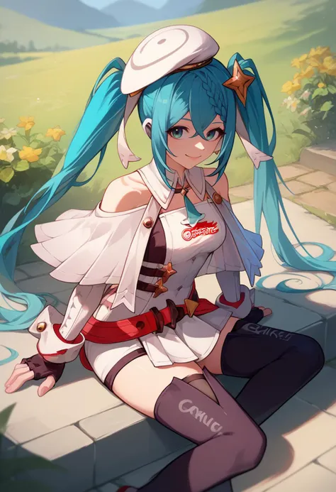 score_9, score_8_up, score_7_up, solo, 1girl, racingmiku2023, smile, looking at viewer, sitting, twintails, braid, star hair ornament, white headwear, beret, white capelet, white dress, clothing cutout, long sleeves, red belt, black gloves, fingerless gloves, black thighhighs, bare shoulders, outdoors <lora:vocaloid_racingmiku2023_ponyXL:1>