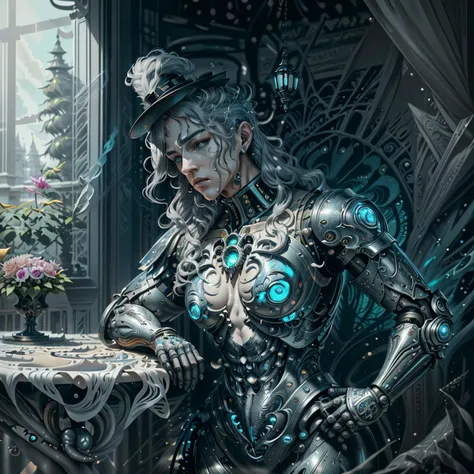 artstation, perfect lighting, 1 boy, cloud, looking at the viewer, reflective surfaces, masterpiece, large swaths of color, (very long hair), unique, (realistic), fractal lush vegetation, coat, freckles, short back hair, (high resolution uncompressed raw photo:0.8), Sharp Eyeliner, vivid colours, futuristic vibe, knees up, an \(angular-angler\), raytracing, absurdres, in the style of futuristic psychedelia, end table, 8k uhd, (loish:0.23), <lora:marblesh:1>, detailed background, turquoise and gradient tone, art by mooncryptowow and popular science <lora:wowifierV3:0.8>, tower, autumn, Gibraltarian short dress, balcony, elegant, <lora:epi_noiseoffset2:1>, contrail, Full body portrait of ((raging cyborg Robort)), Dan Mumford, ((best quality)), botanical garden in background, top hat, dramatic, from bottom, beauty marks