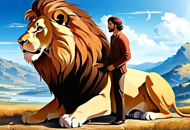 (high quality:1.4), (best quality:1.4), (masterpiece:1.4),A scenario of a lion with a person, he takes care of the lion