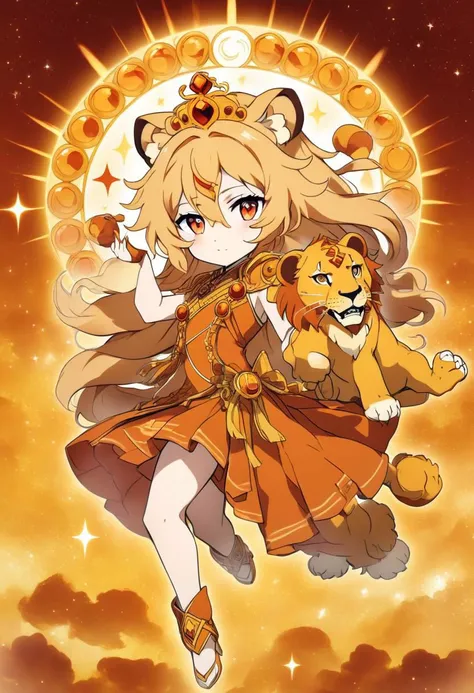 image that embodies the vibrant spirit of the zodiac sign Leo in an anime girl representation. Envision a character exuding confidence, charisma, and a regal presence. Utilize a warm and fiery color palette inspired by the sun, incorporating majestic elements like the lion to symbolize Leo. Craft an anime girl with a bold and theatrical demeanor, capturing the leadership and dynamic energy associated with Leo. Create a visually striking composition that seamlessly merges the expressive style of anime with the unique characteristics of Leo, resulting in a captivating and majestic portrayal