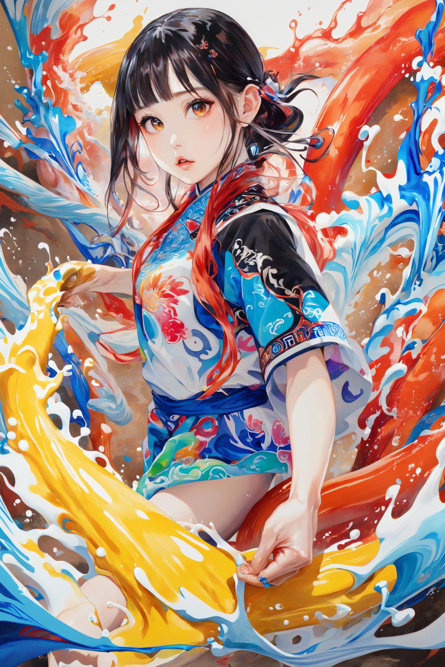 Colorful, multiple colors, intricate detail, splash screen, photorealistic, intricately detailed fluid gouache painting, calligraphy, acrylic, watercolor art,
Masterpiece, best quality, 1girl, <lora:kwFemale_Beta40-SDXL_v1:1>, chinese,waifu