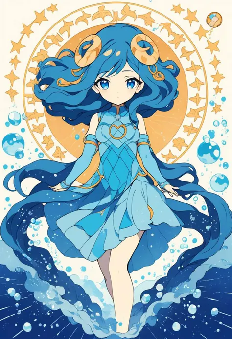 image capturing the spirit of the zodiac sign Aquarius in an anime girl rendition. Infuse the character with a sense of innovation, intellect, and free-spiritedness. Employ a palette of cool, futuristic colors, incorporating water symbolism, and depict the Aquarian girl with an air of mystery and individuality. Craft an image that reflects the essence of Aquarius in a visually compelling and imaginative way.