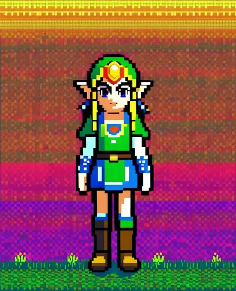 masterpiece, best quality, zelda, pixel art, (colorful:1.5), random background, facing viewer, full body