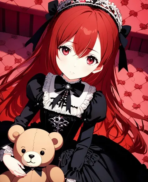 red background, close up, masterpiece, best quality, solo, red hair, 
1girl holding teddy bear, from above, cute, gothic dress, looking at viewer, pixiv, depth of field