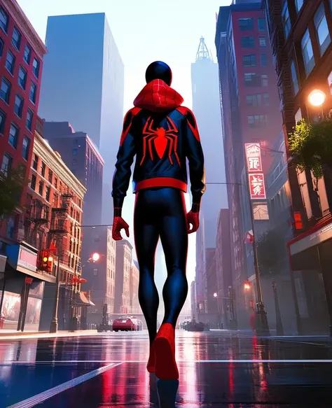 masterpiece, best quality, spider-man miles morales, walking, city background, facing viewer, full body