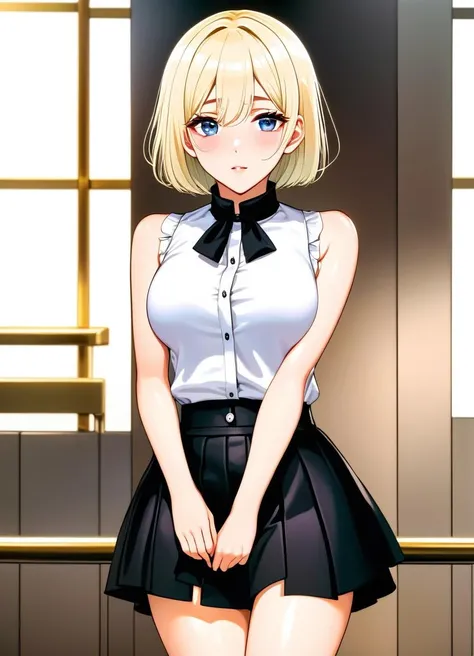 best quality, ultra high res, 1girl, sleeveless white button shirt, black skirt, black choker, cute, (Kpop idol), (aegyo sal:1), (platinum blonde hair:1), ((puffy eyes)), looking at viewer, full body, facing front