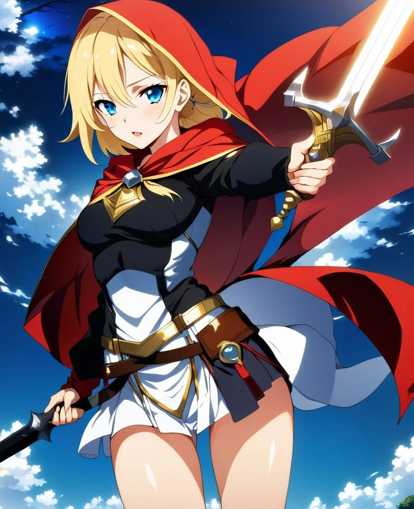 anime, 1girl, weapon, blue eyes, sword, navel, blonde hair, small breasts, holding, long hair, looking at viewer, holding weapon, holding sword, armor, earrings, jewelry, midriff, outdoors, shoulder armor, cape, sky, skirt, white skirt, shirt, black cape, cowboy shot, pauldrons, hair ornament, closed mouth, shorts, cloud, standing, glint, belt, long sleeves, black shorts, siblings, bangs, crop top, stomach, red cape, night, parted bangs, lips, bracer, serious, gauntlets, breastplate, glowing, miniskirt, short shorts, parted lips, glowing weapon, cover image, tree, pointy ears, black skirt, day, nature