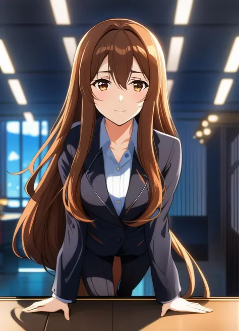 best quality, ultra high res, 1girl, long hair, brown hair, spy x family, looking at viewer, full body, facing front, upper body