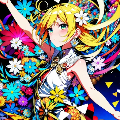 (best quality, masterpiece, official art, beautiful and aesthetic:1.2), 1girl, 2d, anime, waifu, blonde, (hair ornaments, earrings), full body, dynamic pose, looking at viewer, particle, wind, flower, intricate background, extremely detailed, (fractal art:1.2), colorful, (zentangle:1.2), (abstract background:1.5), (many colors:1.4), pixelated fragments, data corruption, colorful noise, visual chaos, contemporary aesthetics,