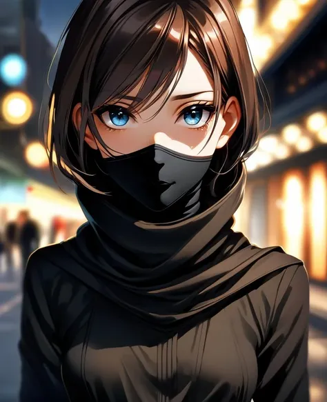 portrait of (1girl, anime, small breasts), (closeup portrait), ((front view)), ((full-body)), ((best quality)), ((masterpiece)), (ultra-detailed), photo, high quality, looking at the viewer, hands apart, wearing ((black cowl turtleneck)), roll_up_sleeves, wearing a (((black:1.2) pants)), wearing a ((belt)), walking pose, makeup, mascara, (street), (bokeh),(detailed), (intricate), (cinematic lighting), (sharp focus on eyes), (skin texture:1.2), ((highly detailed face, realistic skin texture))