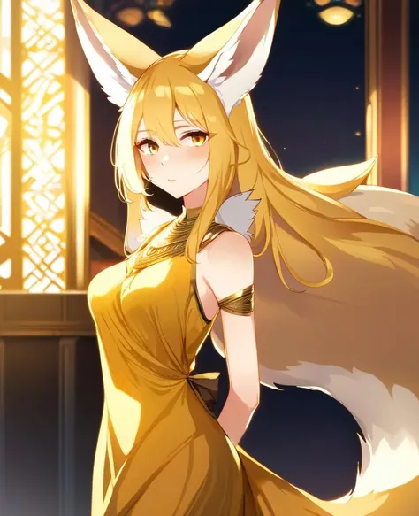 masterpiece, best quality, (1girl), anime, fennec, fox girl, looking at viewer, golden hair, wearing long dress, upper body