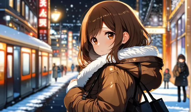 masterpiece, best quality, 1girl in city, hloding bag, looking at viewer, winter clothes, cute, solo, brown hair, brown eyes, pixiv, depth of field, night