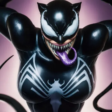 cinematic film still of  <lora:Symbiote Style v2:1.2> Symbiote Style
 <lora:comic book magazine:1>
a closeup on a woman in a catwoman venom suit with claws and a purple background comic book magazine style, shallow depth of field, vignette, highly detailed, high budget, bokeh, cinemascope, moody, epic, gorgeous, film grain, grainy