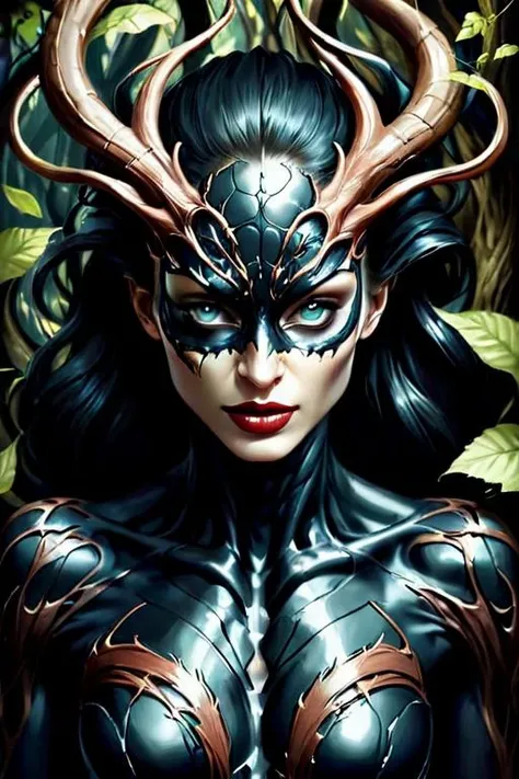 woman in a mythical forest, masterpiece, perfect face, intricate details, horror theme <lora:Symbiote:1> symbiote style