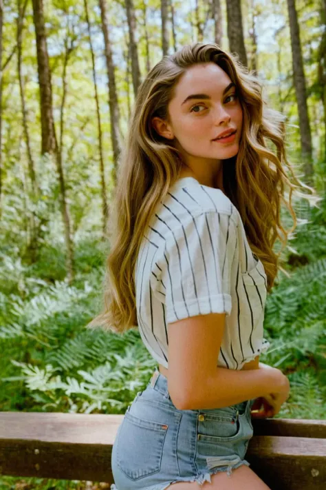 cinematic still frame of a young woman lan1lynn with long wavy hair, natural daylight, wearing (denim shorts) and a white striped t-shirt, legs, posing for a picture, with a forest background daytime, soft light