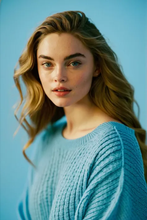 cinematic still frame photo of a young woman lan1lynn with long wavy hair, bright studio lighting, 8k,sharp focus,oversized light blue sweater, posing for a picture, with a simple studio background, soft light, film grain