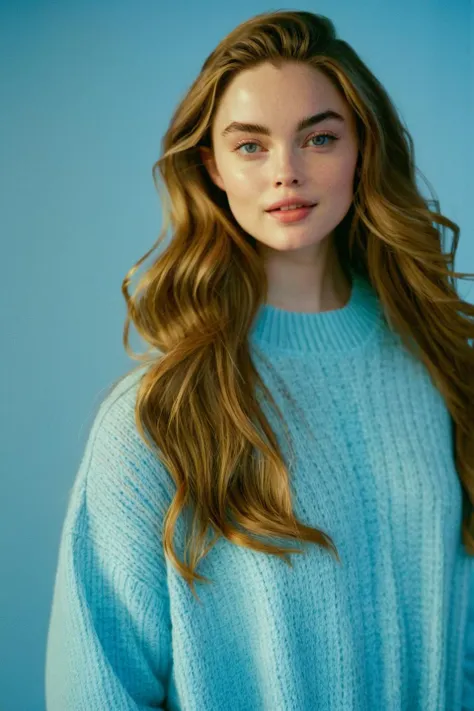 cinematic still frame photo of a young woman lan1lynn with long wavy hair, bright studio lighting, 8k,sharp focus,oversized light blue sweater, posing for a picture, with a simple studio background, soft light, film grain